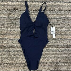 Robin Piccone Blue One Piece Swimsuit with Plunging V-Neck